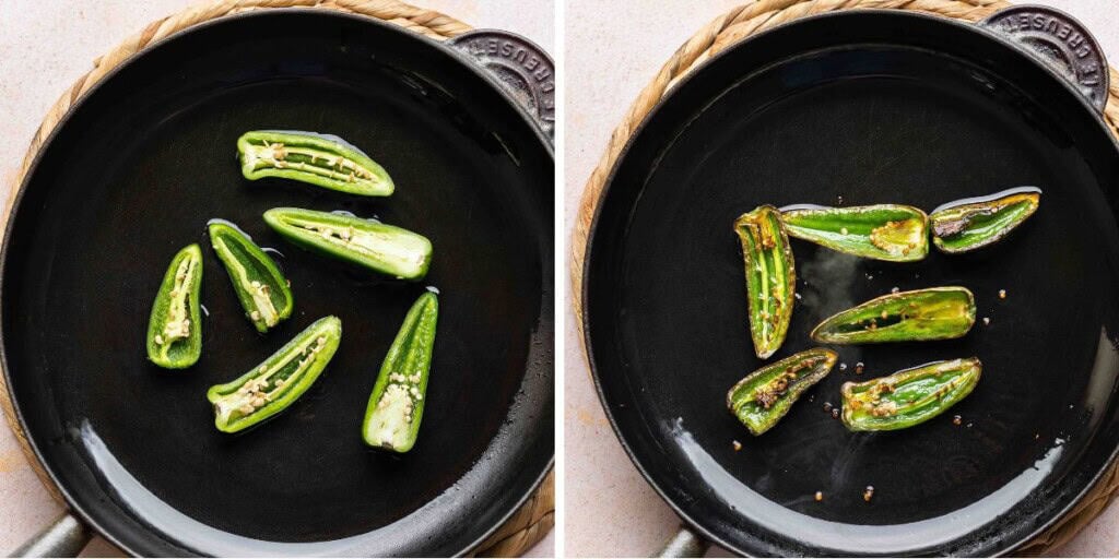 A collage of two images: jalapenos sliced in half length-wise in a cast iron pan, before and after blistering.