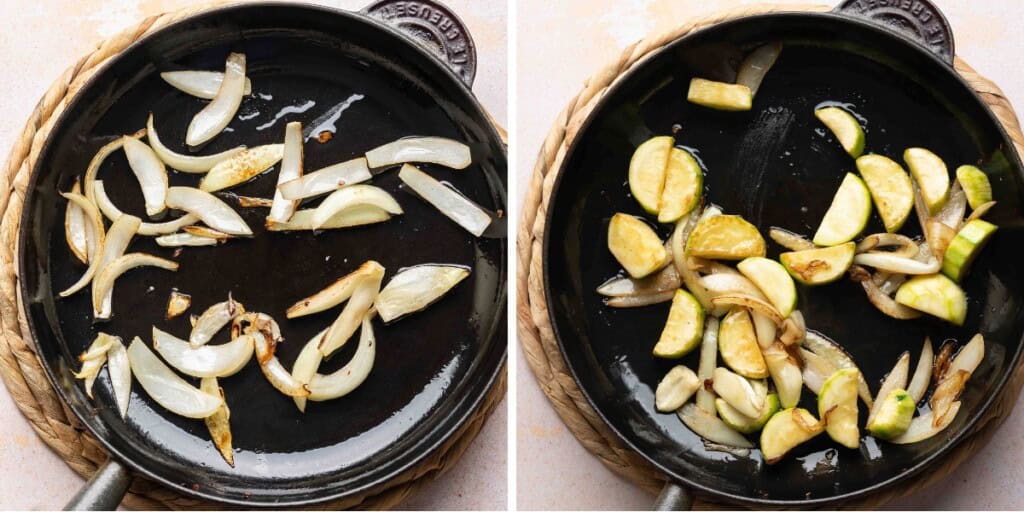 A collage of two images: a cast iron pan full of sautéd onion in one pic, and with garlic and chopped zucchini in the second pic.