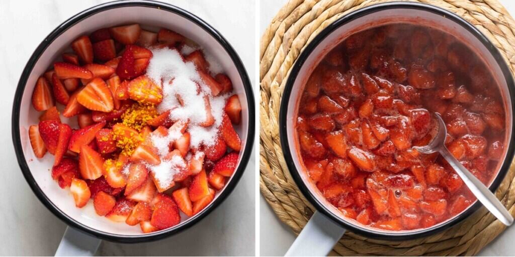 Strawberry compote collage, before and after simmering strawberries, sugar, orange juice & zest into a sauce.