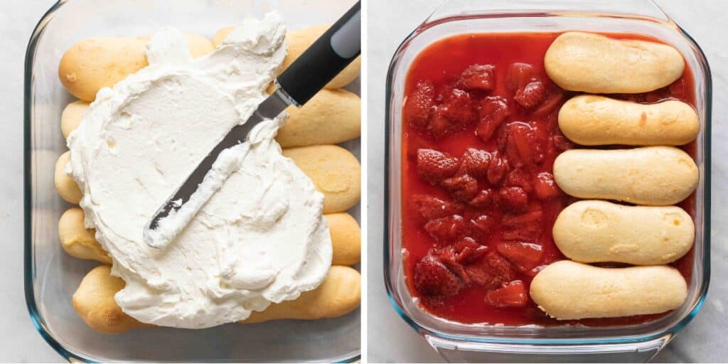 Strawberry tiramisu collage of two images: whipped cream frosting on top of lady fingers and lady fingers sat on top of a strawberry compote layer.