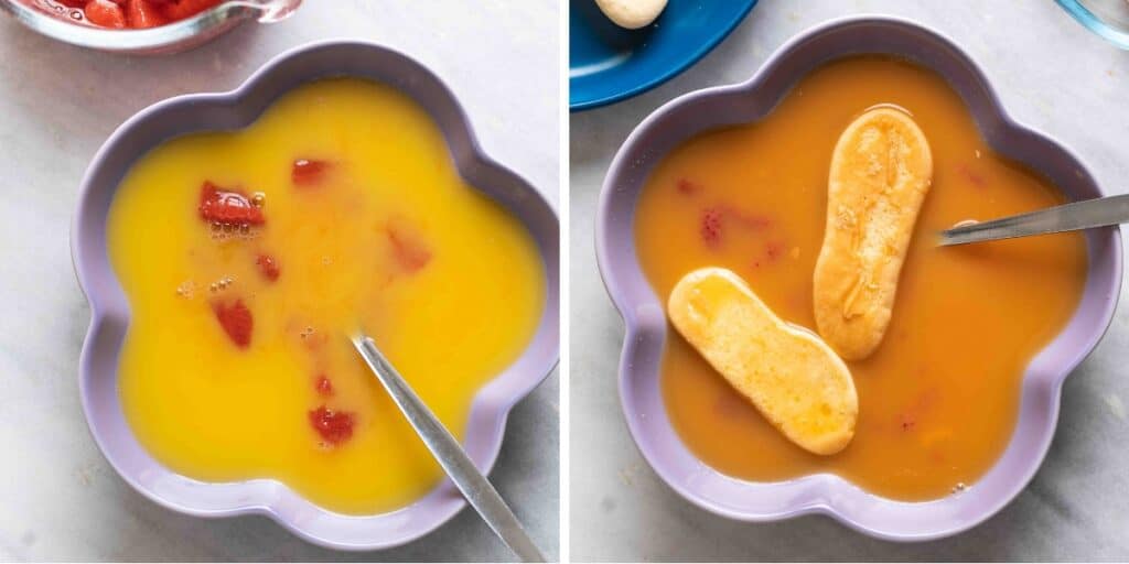 Two images: A flower shaped bowl full of orange juice and strawberry compote. Lady finger biscuits in the orange juice mixture for a strawberry shortcake tiramisu.