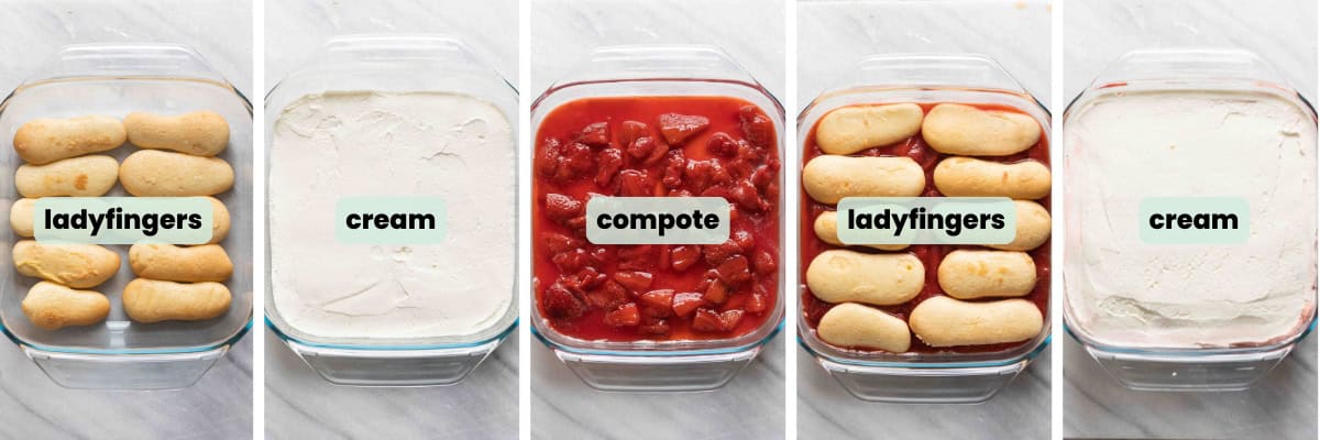 Strawberry tiramisu layers collage: ladyfingers, cream, compote, ladyfingers, cream.