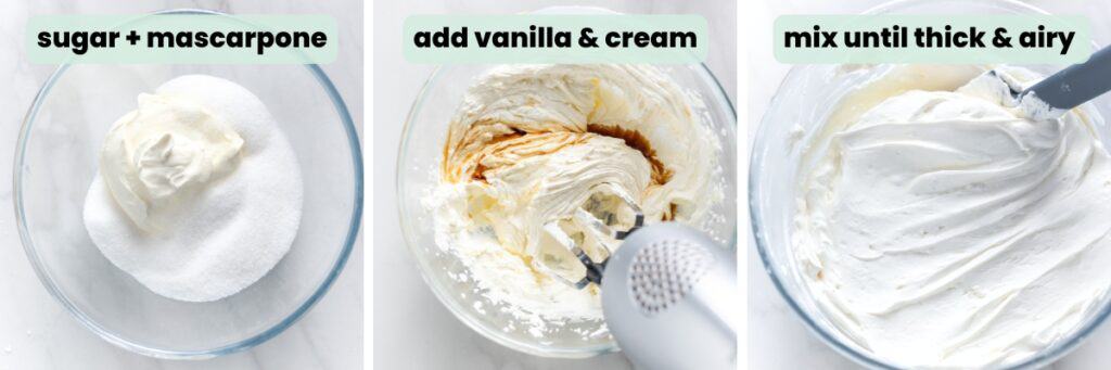 Collage of steps showing how to make mascarpone whipped cream: combine mascarpone + sugar, then add vanilla and cream, keep mixing until thick & airy.