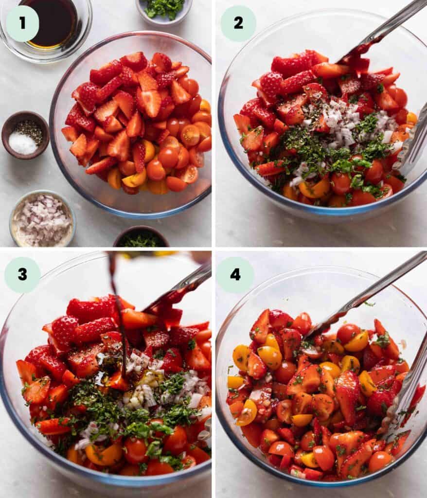 A collage of 4 images showing the basic steps to make a balsamic salad: 1 gather ingredients; 2 combine ingredients in a bowl; 3 drizzle oil and balsamic vinegar over top; 4 mix everything together