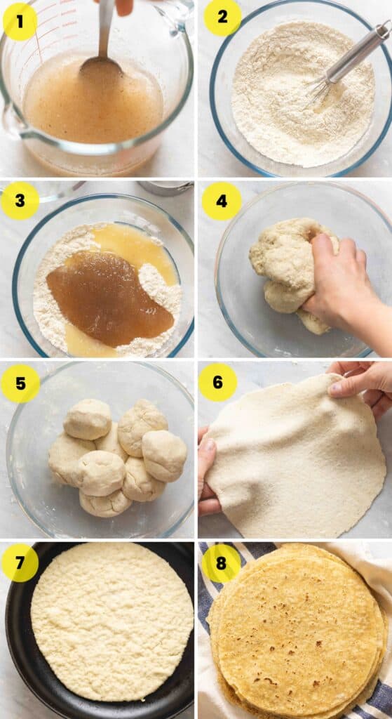 A collage of 8 images showing the basic steps for making homemade gluten free flour tortillas: