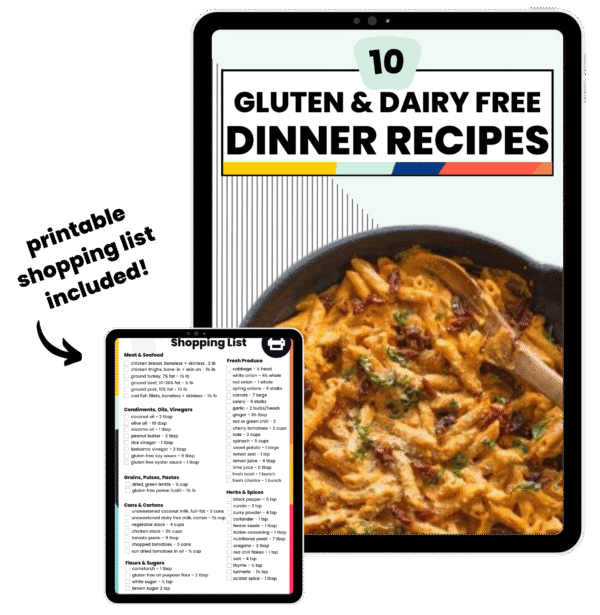 10 Gluten & Dairy Free Dinner Recipes ebook cover + shopping list tablet mockup