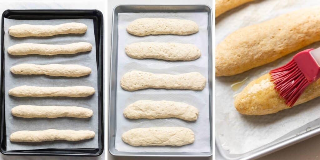 Three images of gluten free breadstick on a baking sheet before rising (left) and after rising (middle), baked breadsticks brushed with butter (right).