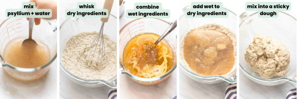 Collage of steps to make a gluten free breadstick dough: whisk dry ingredients, combine wet ingredients, add wet to dry ingredients, mix together into a stick dough.