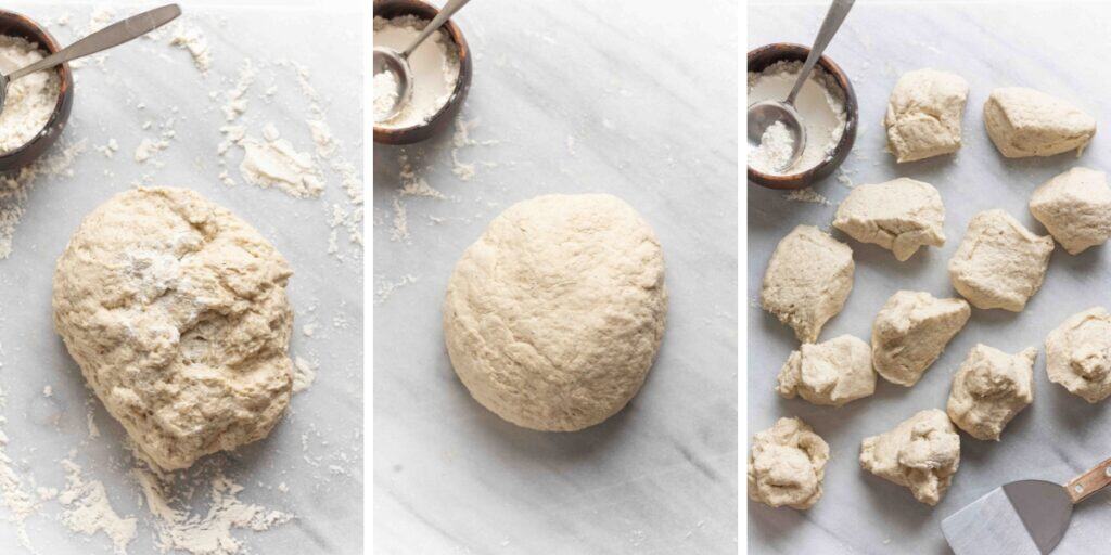 Three images of gluten free bread dough at various stages of kneading and until soft then divided into 12 smaller portions.