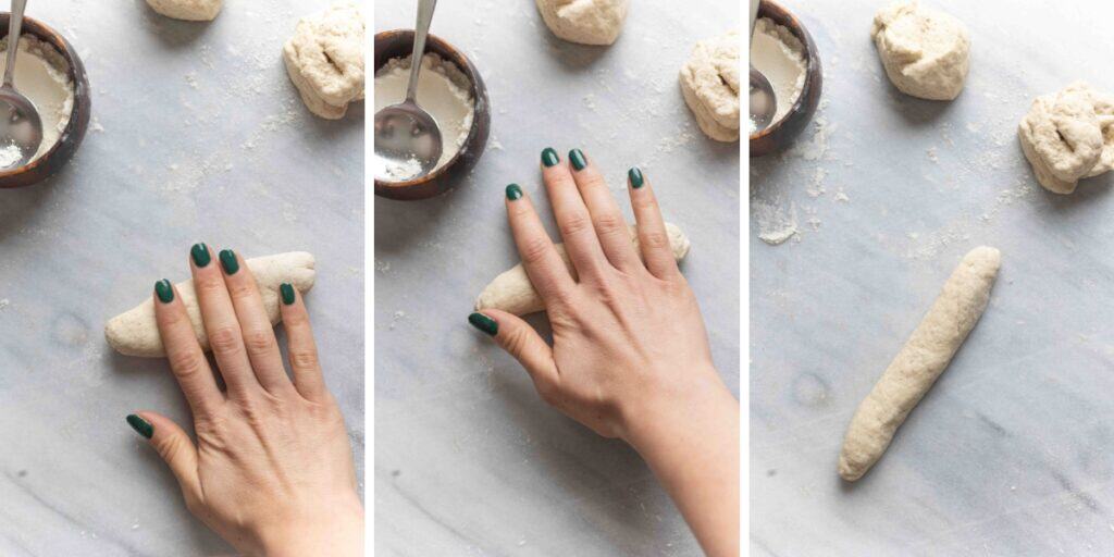 A collage of 3 images showing how to roll gluten free bread dough into a log shape to bake into breadsticks