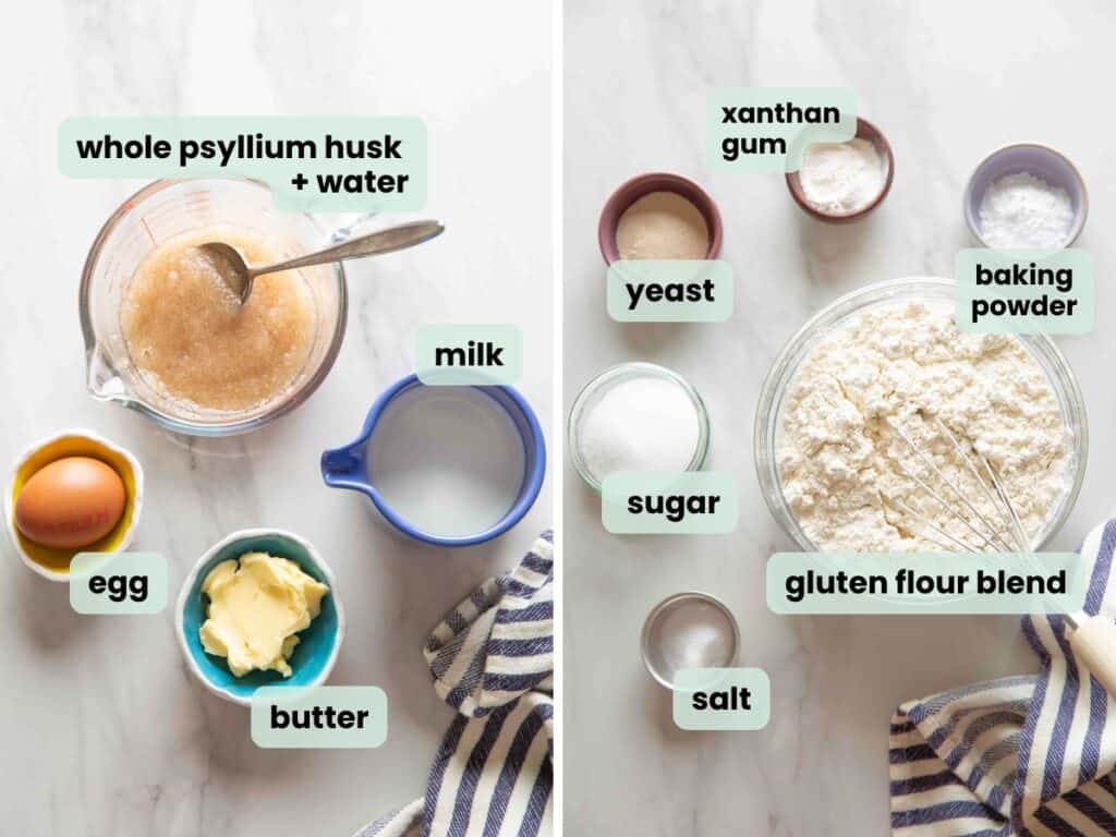 Two images, side-by-side, of the ingredients needed to make gluten free cinnamon rolls: wet ingredients (egg, butter, milk, psyllium husk + water) on left; dry ingredients (gluten free flour blend, salt, xanthan gum, sugar, yeast, baking powder) on right.