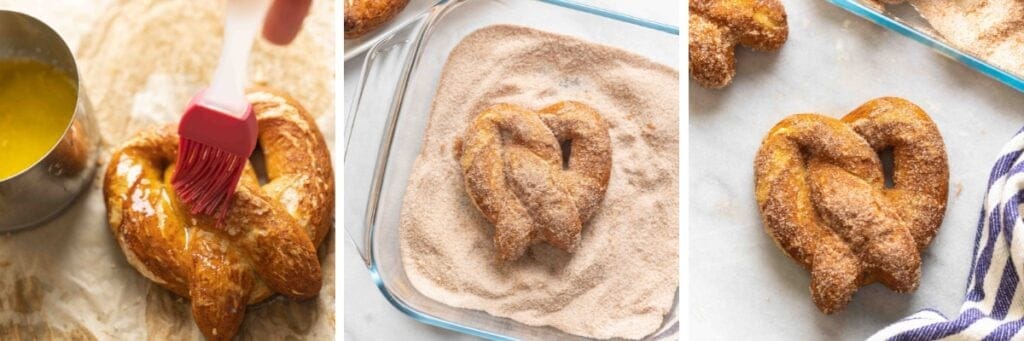 Gluten free cinnamon sugar pretzels collage: brush with melted butter & dip in cinnamon sugar mixture.