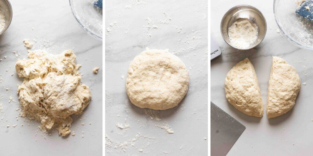 Three images showing the stages of kneading homemade gluten free pizza dough. First image shows a floury, clumpy dough, second image shows a smooth/uniform dough, third image shows the dough cut into two equal portions.