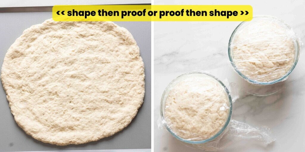 Two images comparing the options to shape gluten free pizza dough then proof or proof gluten free dough then shape.