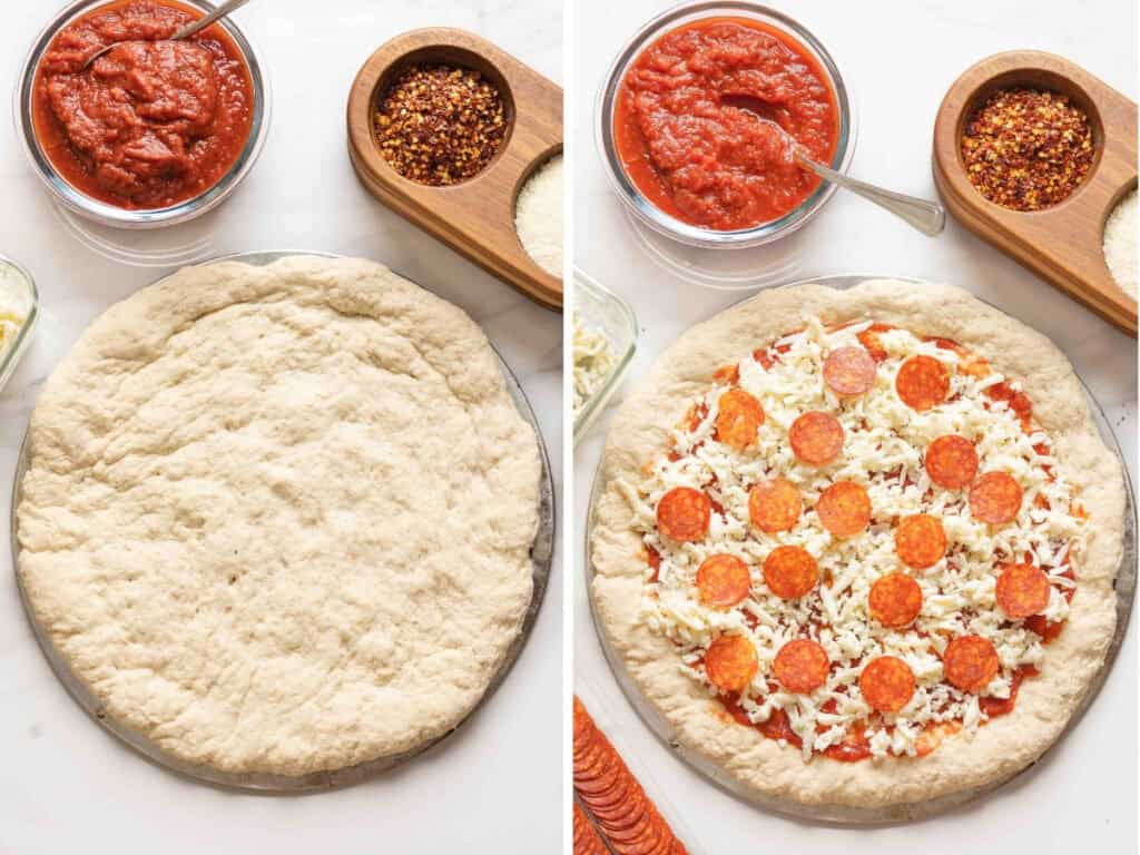 Two images showing the before and after of adding pizza toppings to a homemade gluten free pizza dough: sauce, cheese and pepperoni.