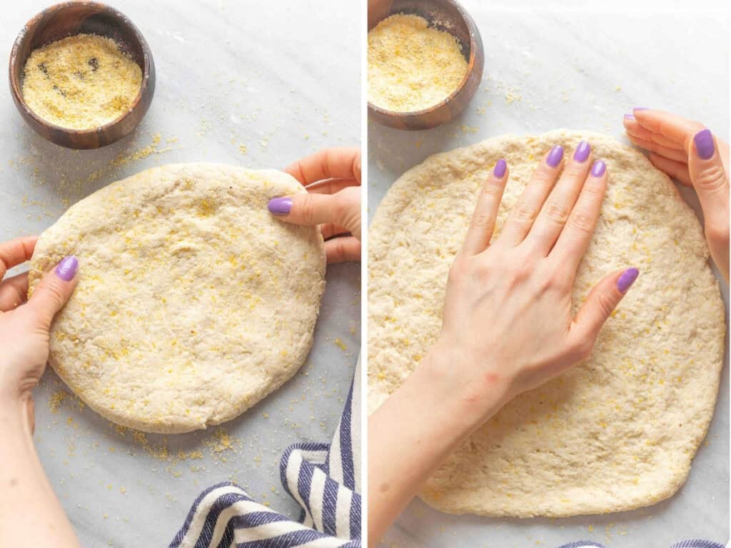 Two images showing how to gently stretch and press homemade gluten free pizza dough into shape.