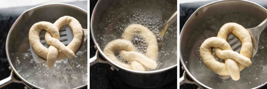 Collage of three images: a homemade pretzel on a spatula over a pot of boiling water and baking soda, a pretzel boiling in the water, a spatula lifting the pretzel out of the water.