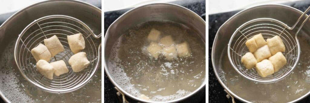 A collage of three images showing the stages of boiling gf pretzel bites dough in a baking soda bath.