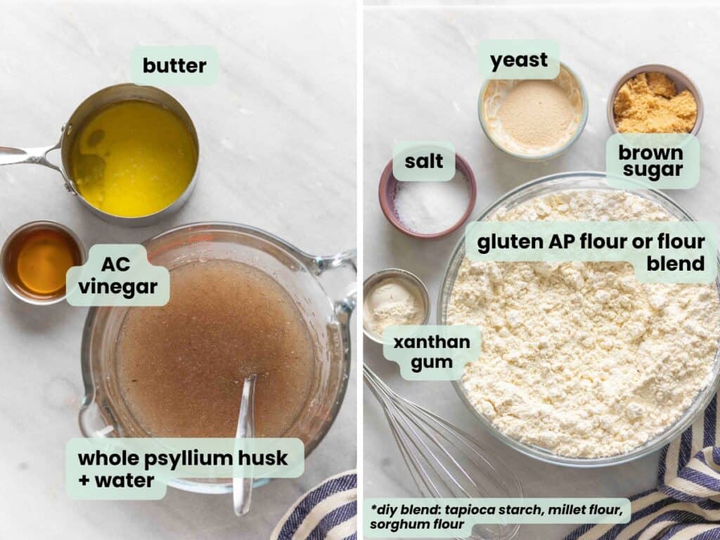 Gluten Free soft pretzels ingredients collage. Wet ingredients in left image with labels: butter, AC vinegar, whole psyllium husk + water. Dry ingredients in right image label: brown sugar, salt, yeast, xanthan gum, gluten free AP flour or flour blend. *DIY flour blend: tapioca starch, millet flour, sorghum flour.