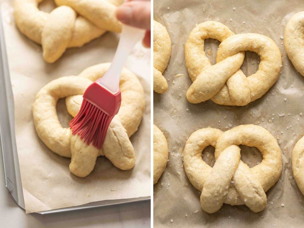Two images of gluten free soft pretzel dough: pretzels on baking sheet brushed with an egg wash on the left; pretzels sprinkled with salt on the right.