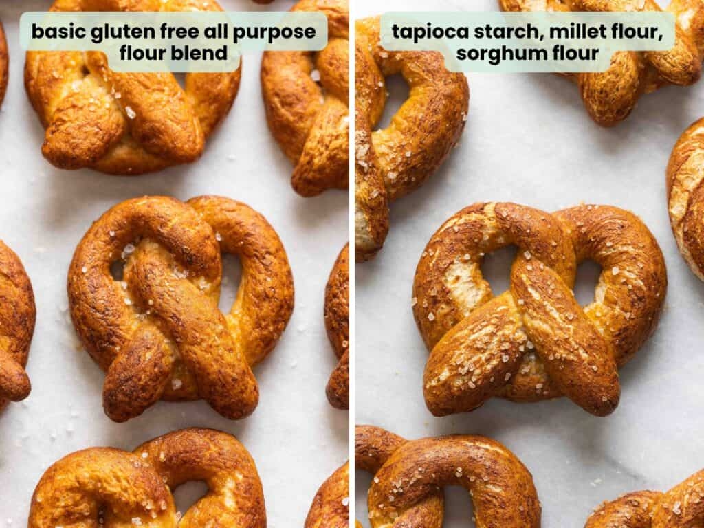 A comparison of 2 homemade gluten free soft pretzels: gf soft pretzel made with a basic gluten free all purpose flour blend on the left; pretzel made with a blend of tapioca starch, millet flour and sorghum flour on the right.