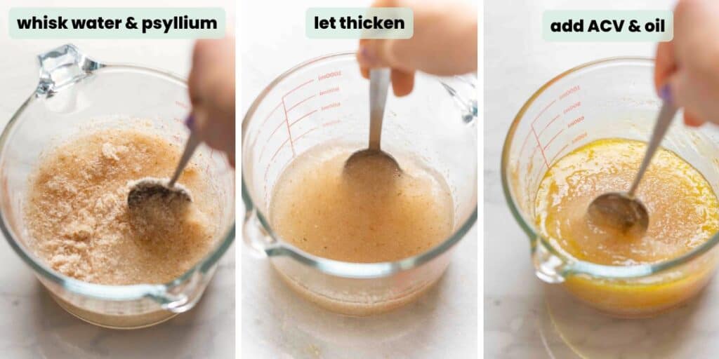 Psyllium husk and water whisked together in a measuring jug to thicken. Apple cider vinegar (ACV) and oil mixed into the psyllium gel.