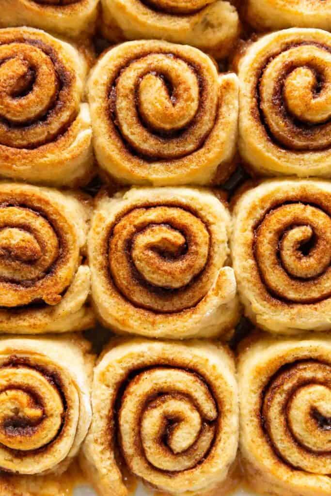 Freshly baked gluten free cinnamon rolls, unfrosted.
