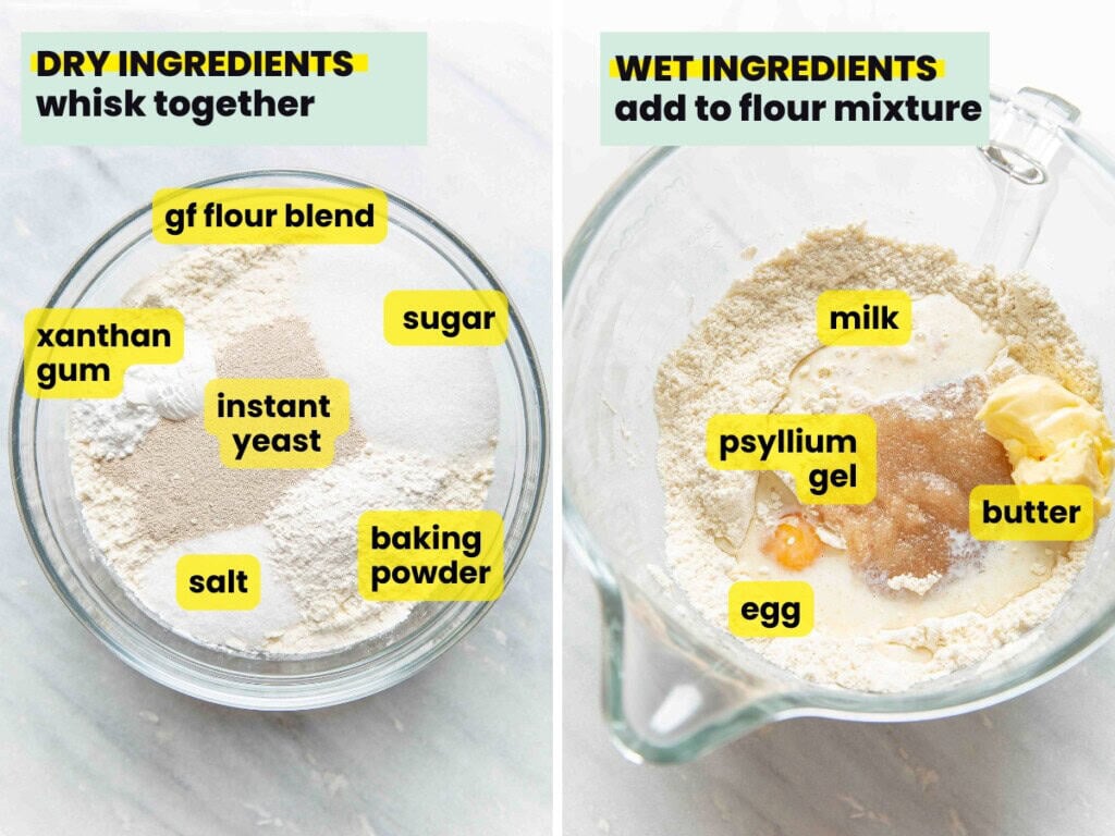 Gluten Free Sandwich Bread ingredient collage: dry ingredients in the left image (gf flour blend, xanthan gum, instant yeast, xanthan gum, salt, baking powder & sugar); Wet ingredients to add to the flour mixture on the right (milk, psyllium gel, butter and egg).