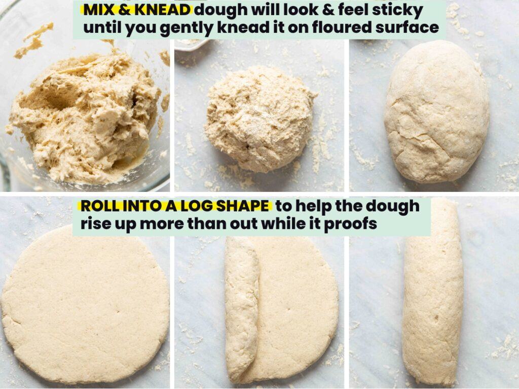 Gluten free sandwich bread kneading & shaping collage: six images showing the different stages of kneading a sticky dough until soft then rolling it into a log shape to improve the upward lift during proof.