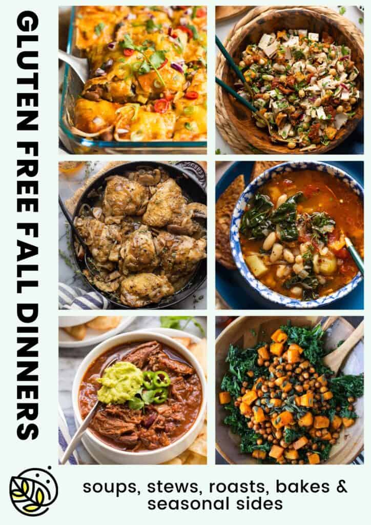 Gluten Free Fall Dinners pinterest marketing image featuring a collage of fall dinner recipes: soups, stews, roasts, bakes and seasonal side