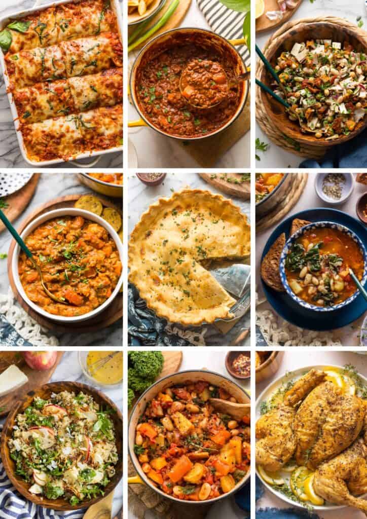A collage of 9 different gluten free fall dinner recipes including lasagna, salad, chicken dinners and soups.