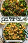 Pinterest marking image for Roasted Sweet Potato & Black Bean Quinoa Kale Salad. Text reads: Crispy Parmesan Quinoa Kale Salad with roasted sweet potatoes & black beans; www.asaucykitchen.com