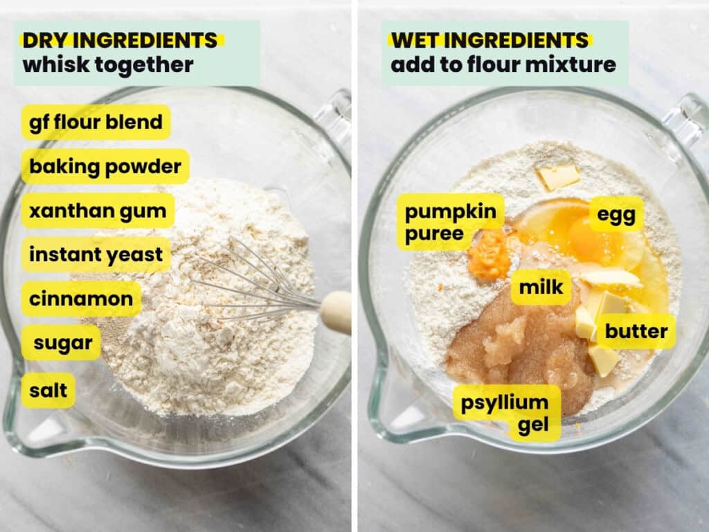 Two images showing Gluten Free Pumpkin Cinnamon Rolls ingredients in a mixing bowl. Left image shows the dry ingredients: gf flour blend, baking powder, xanthan gum, instant yeast, cinnamon, sugar & salt; Right images shows wet ingredients added to dry: pumpkin puree, egg, milk, butter & psyllium gel.
