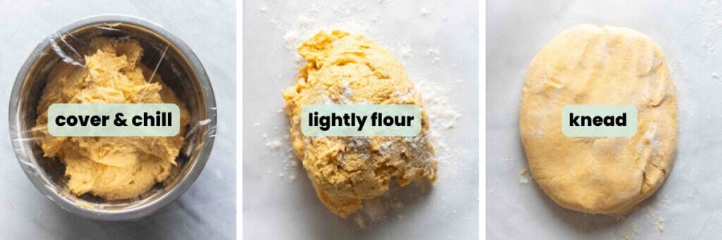 Three images of gluten free pumpkin cinnamon roll dough: covered in a bowl to chill, added to a lightly floured surface, kneaded until smooth.
