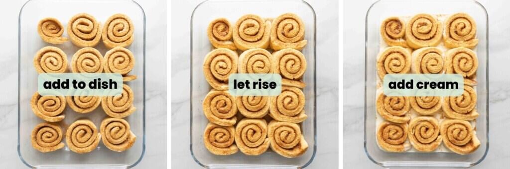 Three images of unbaked Gluten Free Pumpkin Cinnamon Rolls in a baking dish: before rising, after rising and with cream added to the baking dish around the dough rolls.