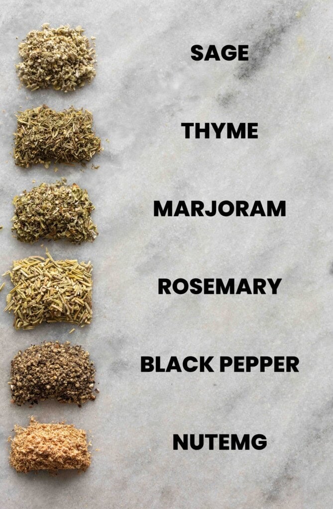 1/2 tsp of Homemade Poultry Seasoning spices from top to bottom: sage, thyme, marjoram, rosemary, black pepper and nutmeg