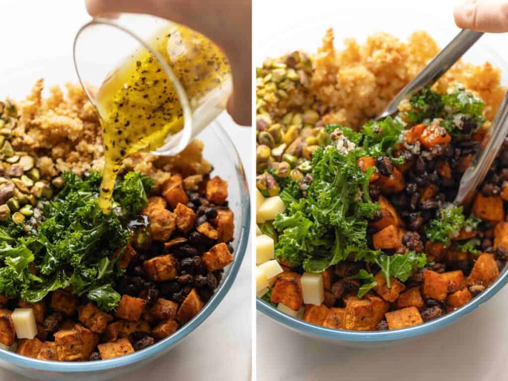 Two images of a Roasted Sweet Potato & Black Bean Quinoa Kale Salad: a lemony vinaigrette pouring over the salad bowl on left; tongs mixing the salad together on the right.
