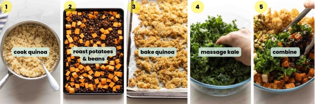 Roasted Sweet Potato & Black Bean Quinoa Kale Salad prep order collage: 1. cook quinoa; 2. roast potatoes & black beans; 3. bake quinoa; 4. massage kale; 5. combine