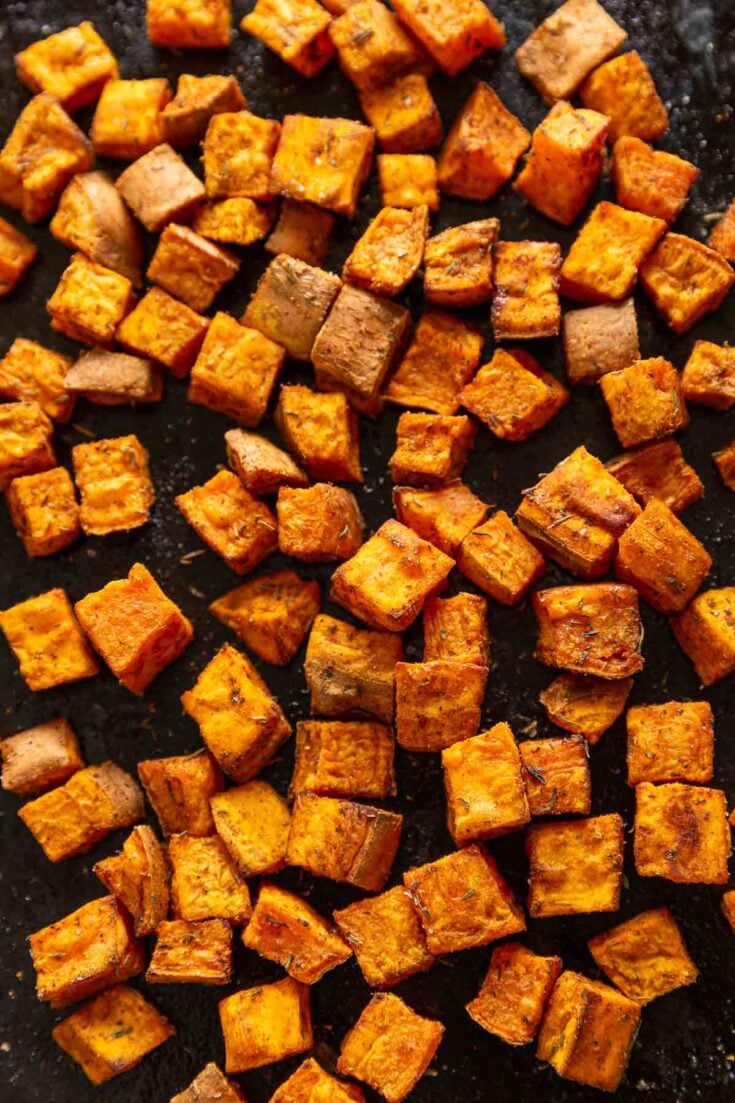 Oven roasted sweet potato cut into 1/2-inch pieces and season with oil and spice on a baking sheet.
