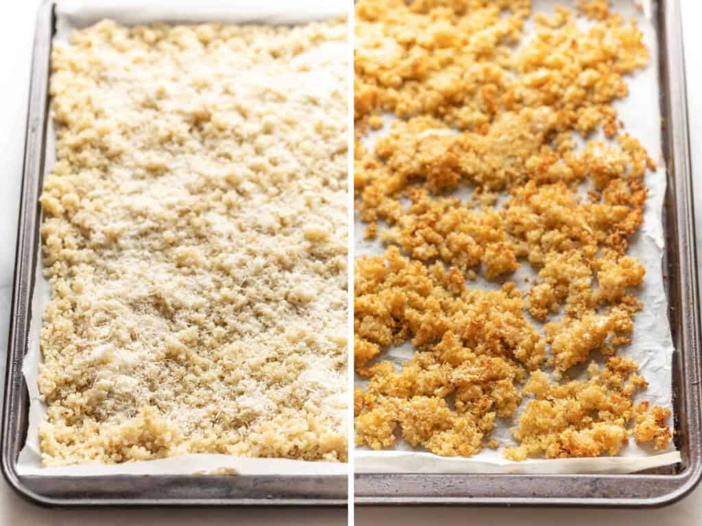 Cooked quinoa spread in an even layer on a parchment paper lined baking sheet and covered in grated parmesan before baking and after baking until the quinoa is golden and crispy.