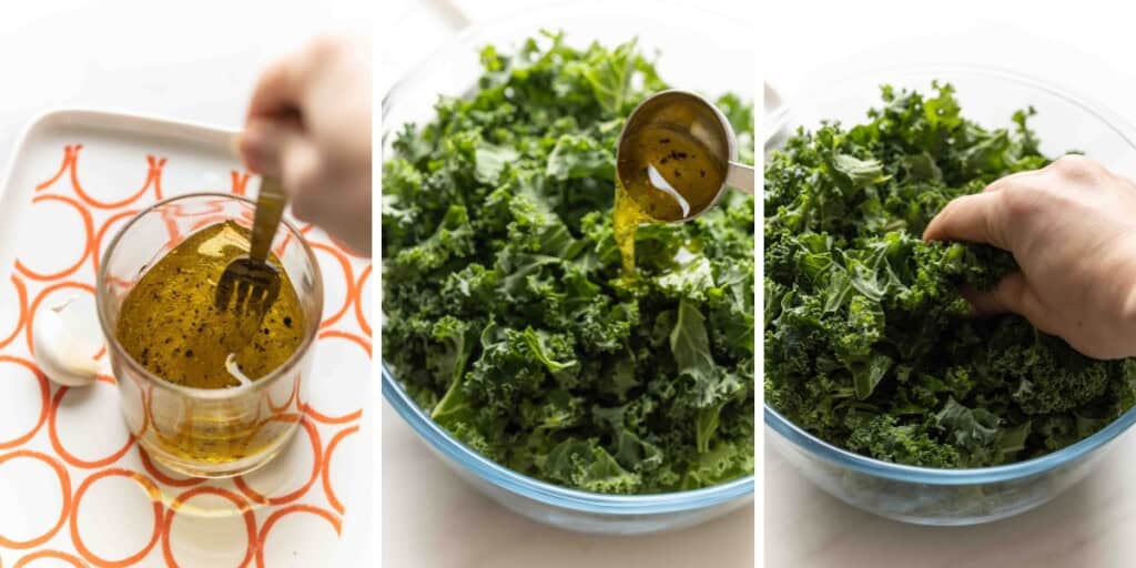 Collage of three images: a small cup of a lemon-olive oil vinaigrette mixing in a cup (garlic clove on the side, not added the dressing); a tablespoon of the prepared dressing drizzling over a bowl of chopped kale leaves; a hand massaging raw kale leaves.