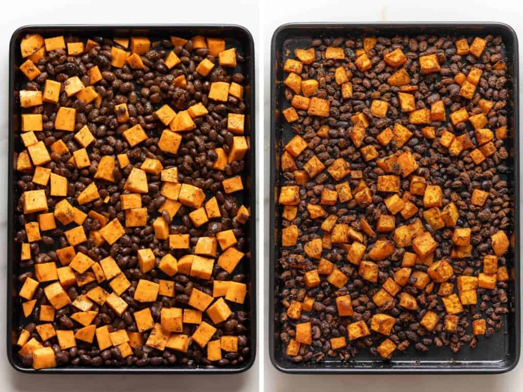 Two images of spiced sweet potatoes and black beans spread out over a baking sheet before and after baking.