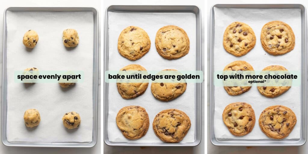 Gluten Free Brown Butter Chocolate Chip Cookies collage the unbaked cookie dough spaced evenly apart on a baking sheet, bake until edges are golden, then top with more chocolate (optional)