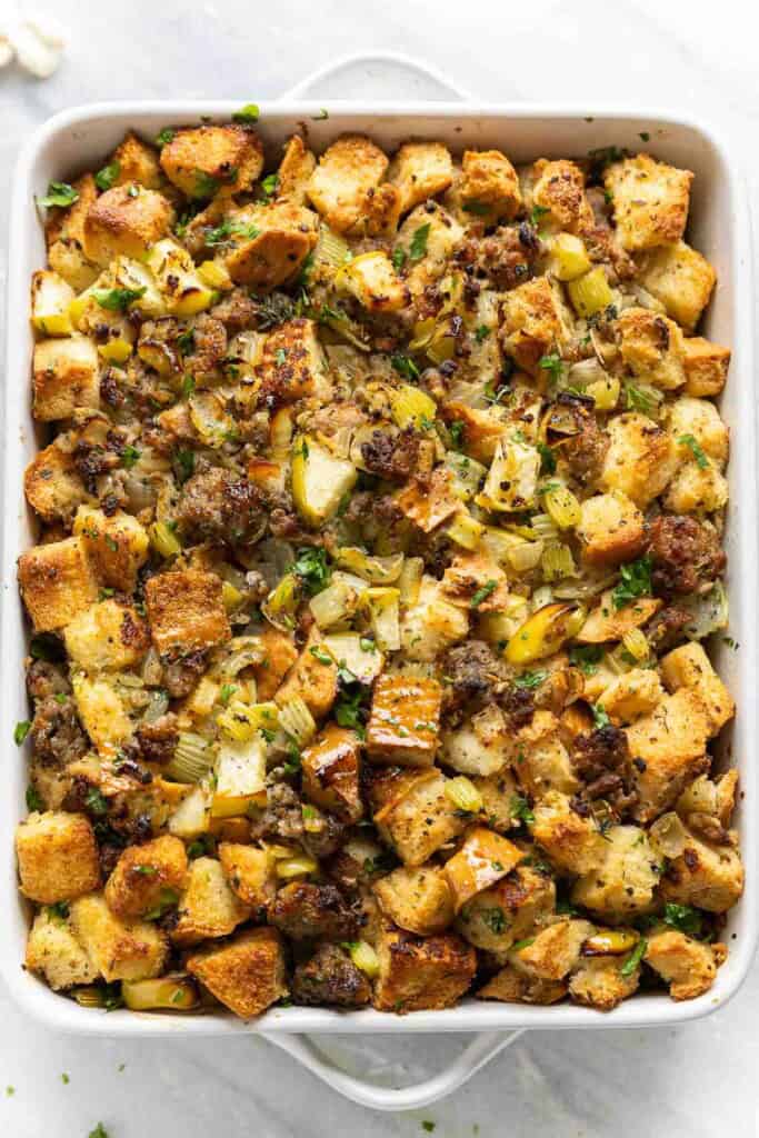 Gluten Free Stuffing with Sausage & Apple in a 9x13 inch casserole dish.