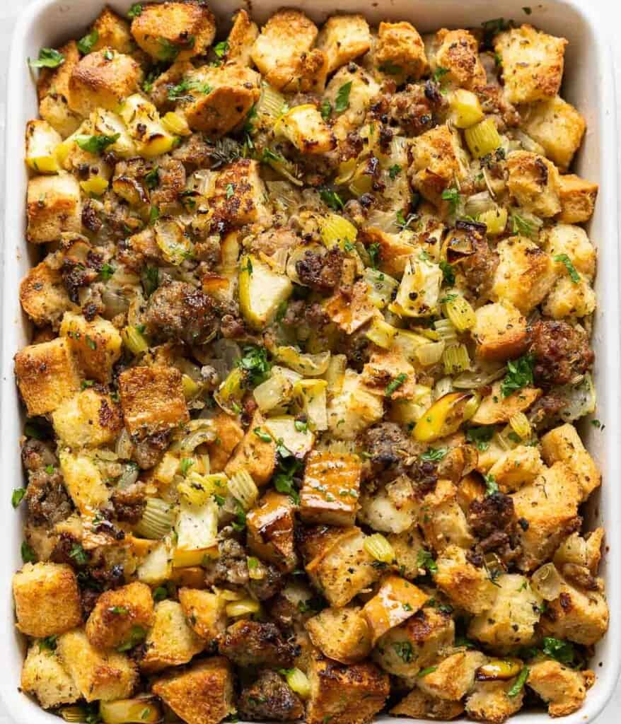 Homemade Gluten Free Stuffing in a 9x13 inch casserole dish.