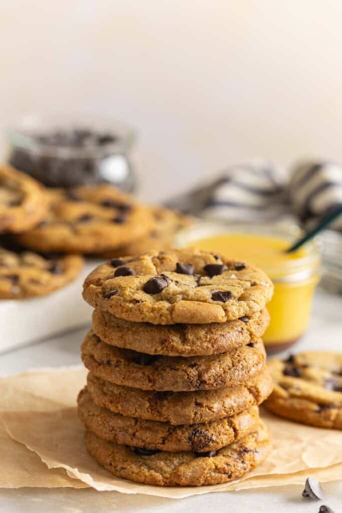 A stack of gluten free brown butter chocolate chip cookies.