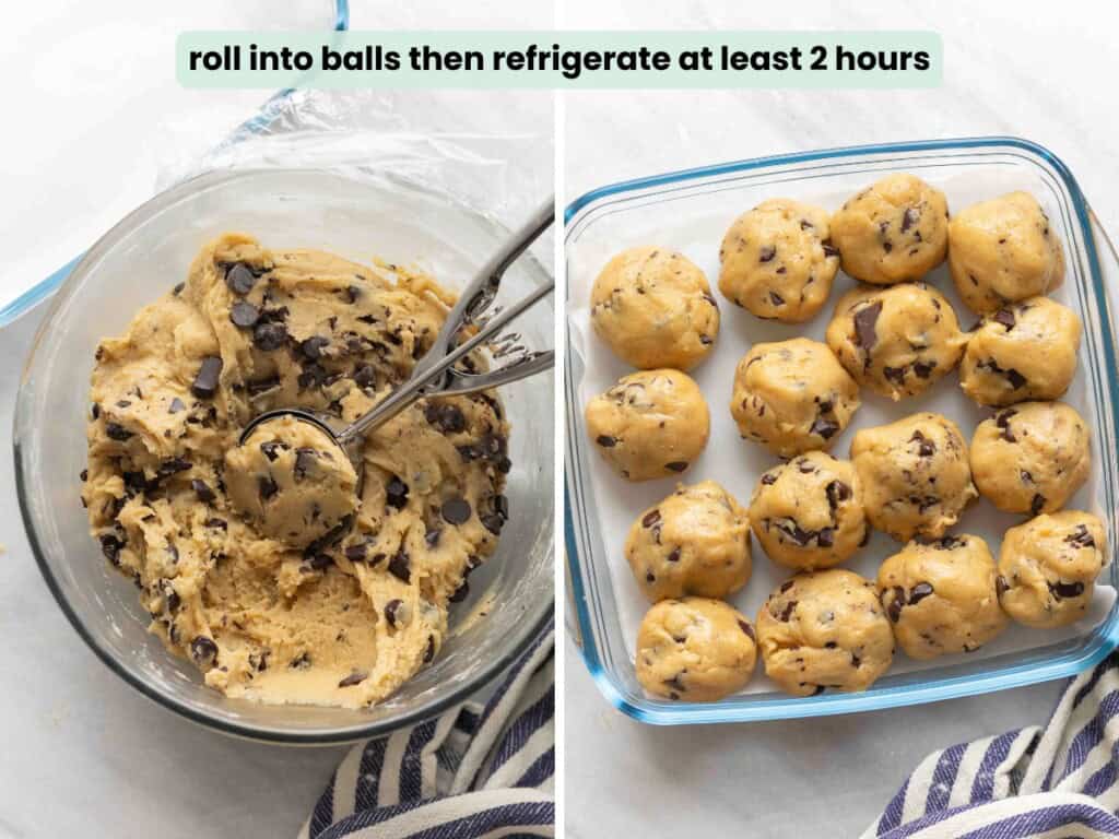 Collage of brown butter chocolate chip cookie dough in a ball, then shaped into balls the covered & chilled for at least 2 hours