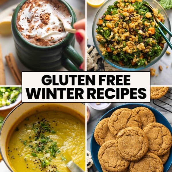 A collage of four Gluten Free Winter Recipes: chai hot chocolate, roasted sweet potato & black bean kale salad, aloo gobi potato soup and cardamom ginger cookies on a plate.
