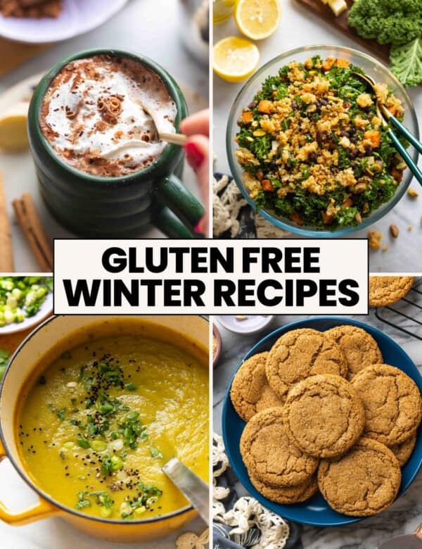 A collage of four Gluten Free Winter Recipes: chai hot chocolate, roasted sweet potato & black bean kale salad, aloo gobi potato soup and cardamom ginger cookies on a plate.