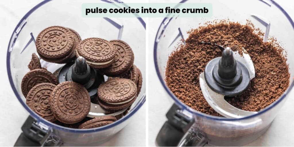 Gluten Free Oreos inside a food processor before and after pulsing: "pulse cookies into a fine crumb"